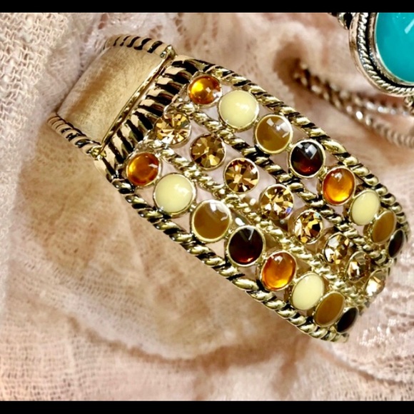 GOLD CRYSTAL AMBER & BROWN CUFF BRACELET ADJUSTABLE METAL  NEW ONE OF A KIND - Picture 1 of 5